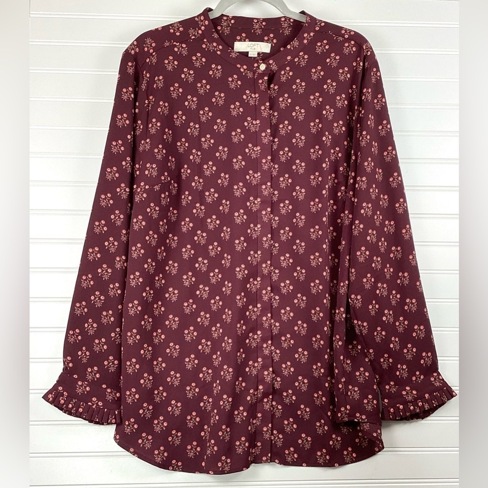 Loft Women's Blouse Size 18 Button Up Long Sleeve Maroon Burgundy Floral